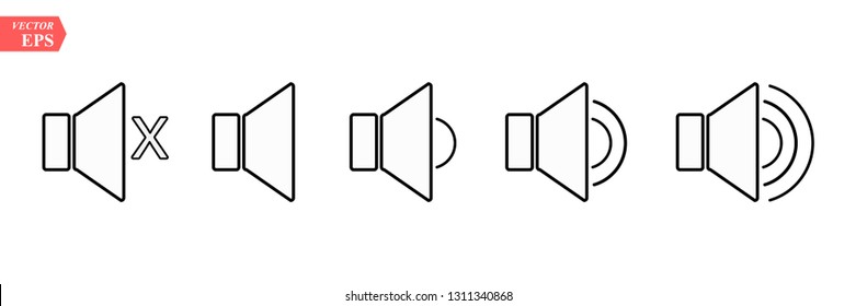 An icon that increases and reduces the sound. Icon showing the mute. A set of sound icons with different signal levels in a flat style. Vector.