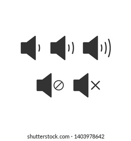 An icon that increases and reduces the sound. Icon showing the mute. A set of sound icons with different signal levels in a flat style. Vector.