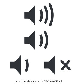 An icon that increases and reduces the sound. Icon showing the mute. A set of sound icons with different signal levels in a flat style. Vector illustration, isolated on white background