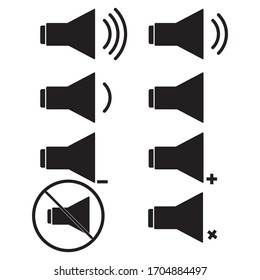 An icon that increases and reduces the sound. Icon showing the mute. A set of sound icons with different signal levels in a flat style. Vector.