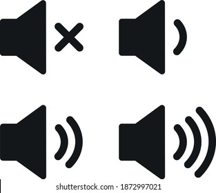 An icon that increases and reduces the sound. Icon showing the mute. A set of sound icons with different signal levels in a flat style. Vector.