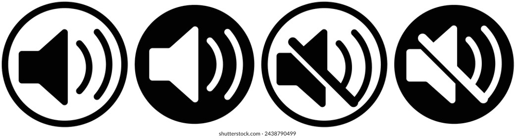 Ein Symbol, das den Klang erhöht und reduziert. Symbol mit Stummschaltung. Eine Reihe von Sound-Icons mit verschiedenen Signalpegeln in einem flachen Stil. Vektor. LAUTSPRECHERSYMBOL 