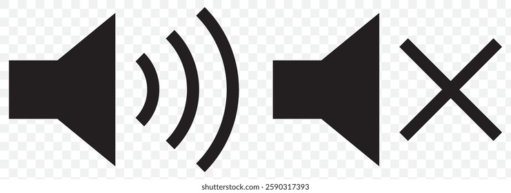 An icon that increases and reduces the sound. Icon showing the mute. A set of sound icons with different signal levels in a flat style. Vector. EPS 10.