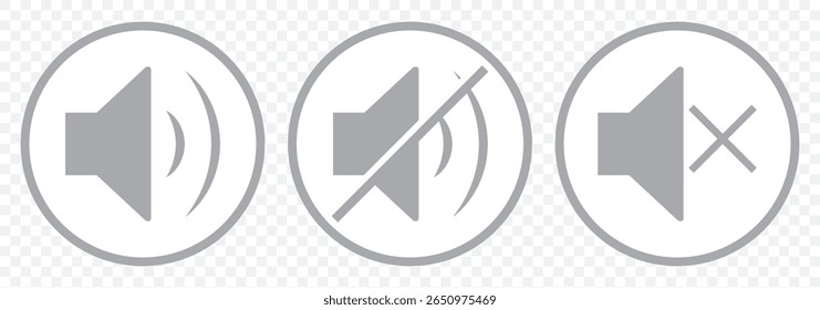 Un icono que aumenta y reduce el sonido. Icono que muestra el silencio. Un conjunto de iconos de sonido con diferentes niveles de señal en un estilo plano. Vector sobre fondo transparente. EPS 10.