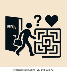 Icono "La Gran Resignación - Reflexión" - Una persona que deja la puerta de una oficina hacia un laberinto que termina en un signo de interrogación y un corazón.