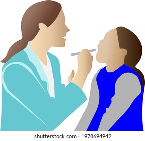 The icon of the therapist checking the child's throat. The doctor monitors the health of the child. Flat vector illustration. Web icon symbol design.