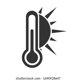 Symbol eines Thermometers mit der Sonne.Warmes Wetter. Einfache Stockillustration mit flacher Vektorillustration.
