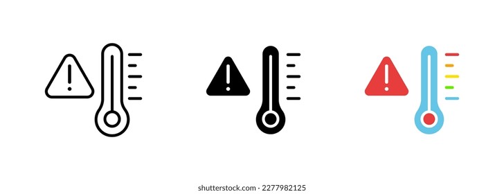 Un icono de un termómetro con un símbolo de nivel de amenaza, que representa la idea de advertencia o peligro. Conjunto vectorial de iconos en línea, de color y negro aislados.