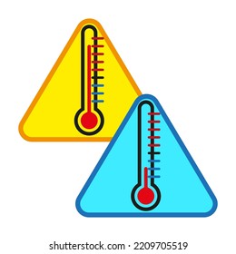 Icono con termómetros en señal de triángulos. Etiqueta de la señal de advertencia con precaución. Ilustración vectorial. Imagen de archivo. 
