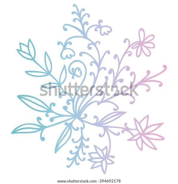 Icon thin line doodle floral round element\
with flowers, branches and leaves isolated on white background.\
Vector illustration.