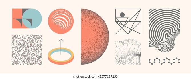 Icon in thin line style. Collection of different graphic elements for design. Abstract melted liquid shape. Lattice structure. Grid surface. Array with dynamic emitted particles. 3D vector.