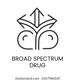 An icon of three arrows emerging from a symmetrical base in vector, symbolizing a broad spectrum drug, with an editable stroke.