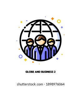 Icon of three business persons on a background of globe for international team or global business concept. Flat filled outline style. Pixel perfect 64x64. Editable stroke
