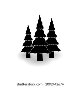 Icon of three Christmas trees of different sizes in a clearing in the forest with a shadow on a white background. Vector image.