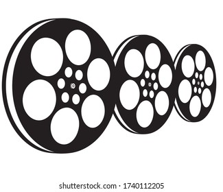 Icono de tres bobinas con una película aislada sobre un fondo blanco. Ilustración vectorial.
