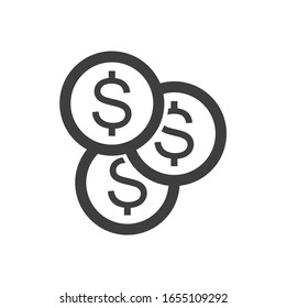 Icono tres monedas. Ejecución lineal minimalista de monedas en caída. Vector aislado sobre fondo blanco.