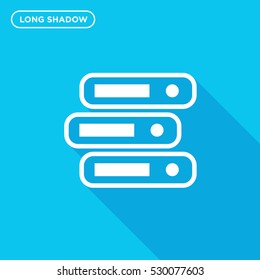 Icon of three folders on yellow background with long shadow, thin linear image of office element, graphical illustration of books, symbol of business sample, vector of archive sign, image of web file