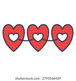 Icon of three hearts chained together, symbolizing unity, strong relationships, connection, teamwork, and eternal bond.