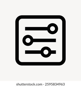 Icon of three horizontal sliders. Sliders represent settings, control, and adjustment. Black sliders on a white background, symbolizing control and settings. User interface icon vector.