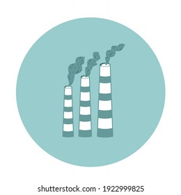 Icon of three industrial scale chimneys emitting concentrated carbon emissions. Perfect icon design for a peaceful campaign to socialize the dangers of massive industrialization.