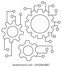 Icon of three interconnected gears with circuit connections, symbolizing automation, artificial intelligence, and machine learning processes. A vector pictogram with editable line thickness