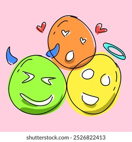 Icon of three masks with cute and colorful characters, cute emoticon mask clipart, devil and angel masks