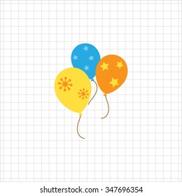 Icon of three multicolored balloons with various prints on a grid background