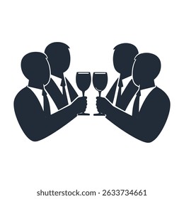 Ícone de três pessoas em ternos brindando com troféus, representando sucesso, trabalho em equipe, liderança e celebração