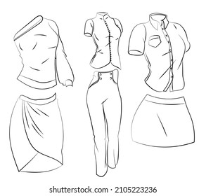 Icon of three sets of women's clothing for the office. Sketch. Vector flat illustration.