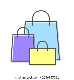 Icon with three shopping bag. Shop logo with three colorful bags, emblem, flat logotype for template. 