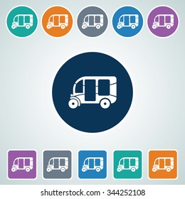 Icon of Three Wheeler-Auto Rickshaw in Multi Color Circle & Square Shape. Eps-10.