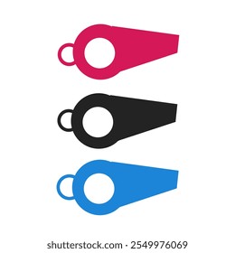 The icon of three whistles in pink, black, and blue. All three are arranged vertically.