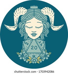 icon of tiefling with natural twenty d20 dice roll