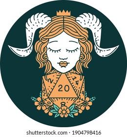 icon of tiefling with natural twenty d20 dice roll