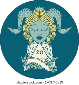 icon of tiefling with natural twenty dice roll