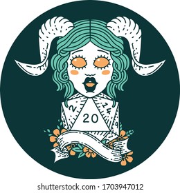 icon of tiefling with natural twenty dice roll