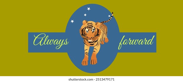 Icono con un tigre saltando con texto inspirador Siempre adelante. Ilustración vectorial para el diseño de la camiseta.