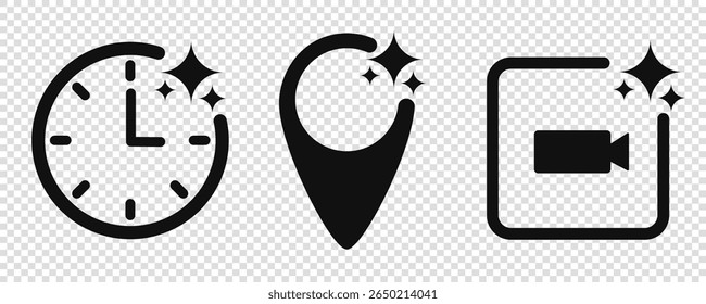 Icon Time,  Location and Video for artificial intelligence icon.