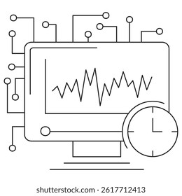 Icon of time series analysis in AI featuring a monitor with a fluctuating line graph and clock, surrounded by circuit lines. Vector pictogram with thin black lines on transparent background, editable 