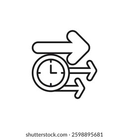 icon timeline. Clock with arrows pointing to the right, ideal for conveying concepts like progress, direction, time, strategy, and business advancement.