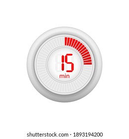 Icono de un temporizador con 15 minutos en el fondo blanco. Ilustración vectorial.