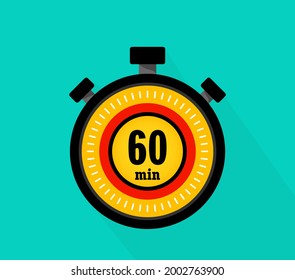 Icon of timer with 60 minutes on the green background. Sport clock. 60 minutes timer. Stopwatch. Vector illustration