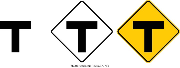 Symbol T-Schnittpunkt-Zeichen gelbe Umrisswarnzeichen für gelben Hintergrund und schwarz-weißer Hintergrund