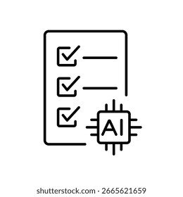 An icon of a to-do list with checkmarks and AI chip, illustrating an AI-enhanced task list, created in line style with editable stroke