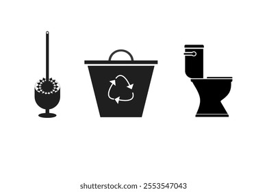 Icon of toilet brush, wastebasket and squat toilet. This equipment is usually found in the bathroom.