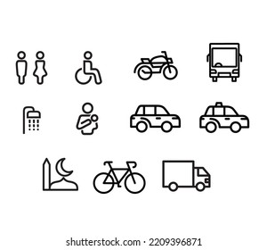 Icon for toilet signage, disable signage, motorcycle parking, shuttle bus, shower, mother room, car parking, taxi drop off signage, mushola signage, bicycle park, loading truck