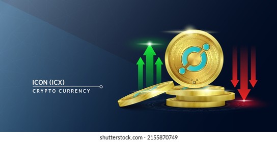 Cartel de criptodivisa de token ICON. Futura moneda en el mercado bursátil de blockchain con flechas rojas-verdes arriba y abajo. Monedas de oro cripto monedas. Cartel de noticias de fondo sólido. Vector 3D.
