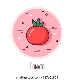 Icon with a tomato in a color round background. Thin line flat design. Vector.