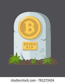 Icon tombstone with coin of electronic currency. On the tombstone a sign with the inscription: R.I.P.