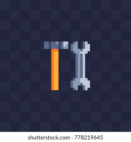 Icon tool configuration settings. Hammer and wrench. Pixel art style. 8-bit sprite. Isolated abstract vector illustration.